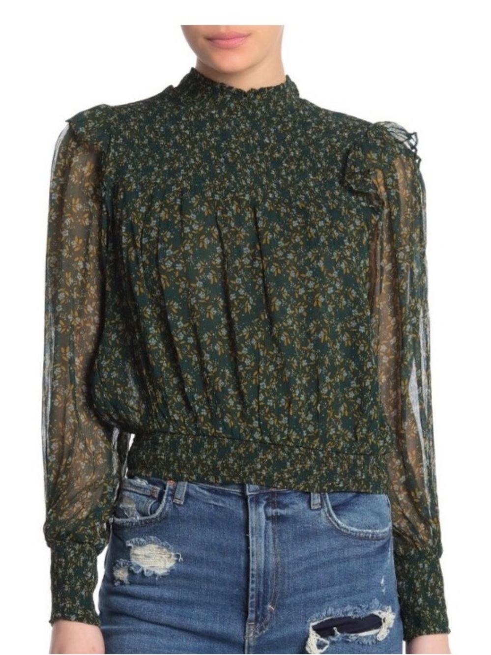 EUC, XS, Free People Roma SheerDark Green Floral Smocked Neck Long-Sleeve Blouse